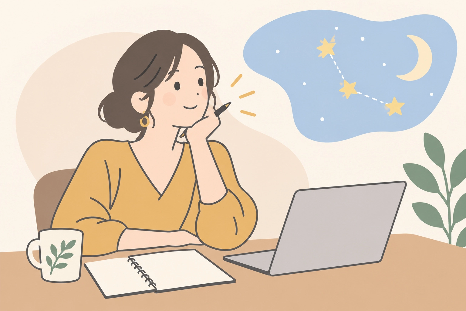 星空のモチーフを背景に、働き方を考える女性