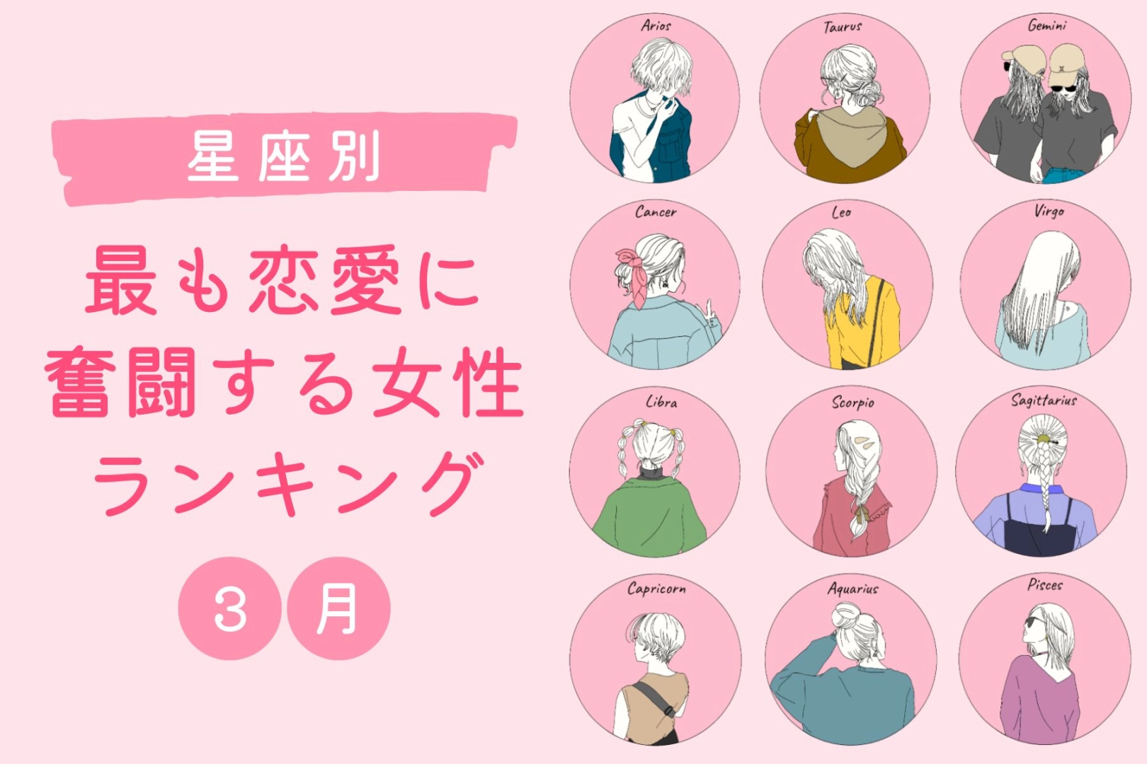 【星座別】２０２６年３月、最も恋愛に奮闘する女性ランキング＜第４位～第６位＞