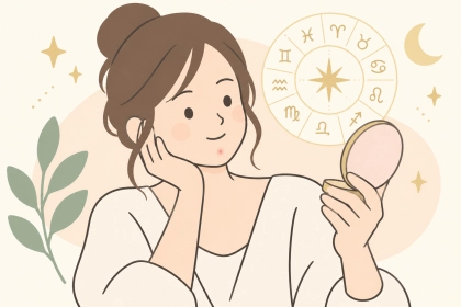 小さなあごのニキビを鏡で確かめる女性