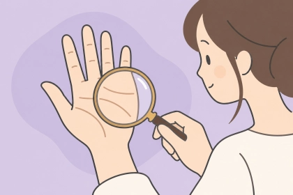 虫眼鏡で手のひらの線を観察する場面