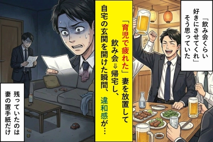 「育児で疲れた」妻を放置して飲み会⇒帰宅し、自宅の玄関を開けた瞬間、違和感が...