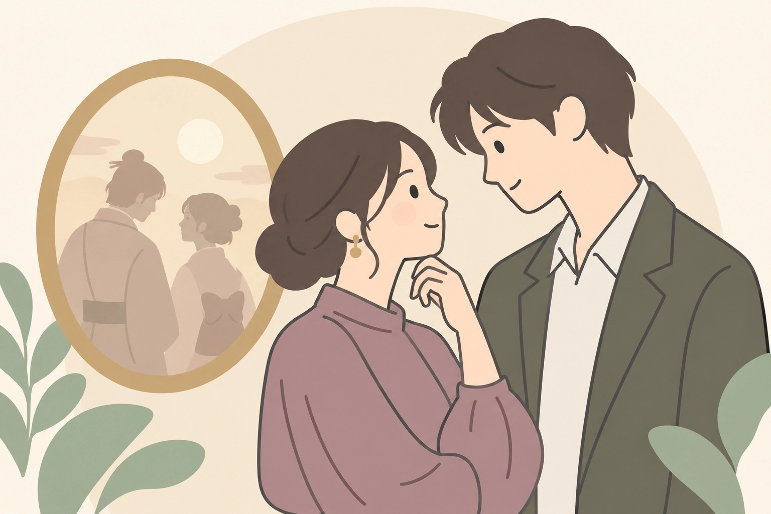 鏡に過去の姿を映しながら、目を合わせる二人