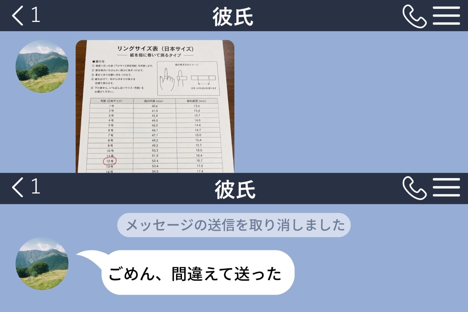 彼が送ってきた指輪のサイズ表。丸で囲まれていたのは私のサイズじゃなかった。「これ、誰のサイズ?」