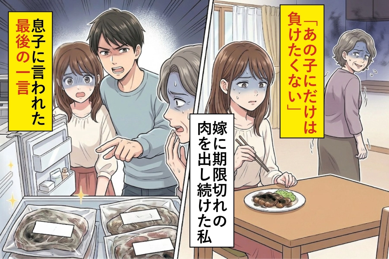 「あの子にだけは負けたくない」嫁に期限切れの肉を出し続けた私→息子に言われた最後の一言