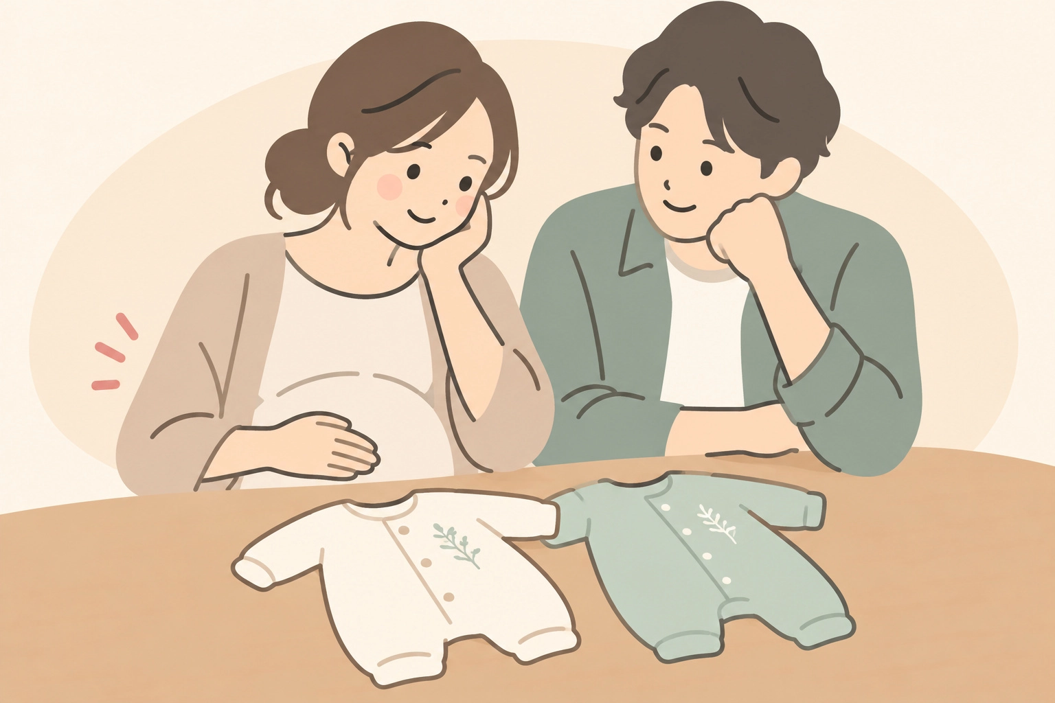 赤ちゃんの服を眺めながら、誕生を待つ二人