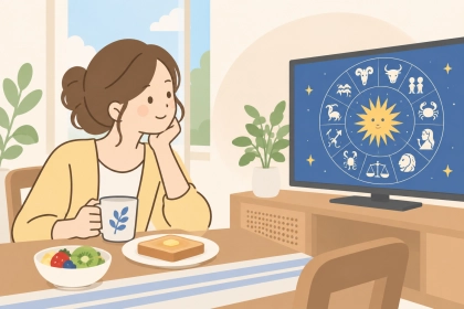 朝食をとりながら、テレビの星座占いを楽しむ女性