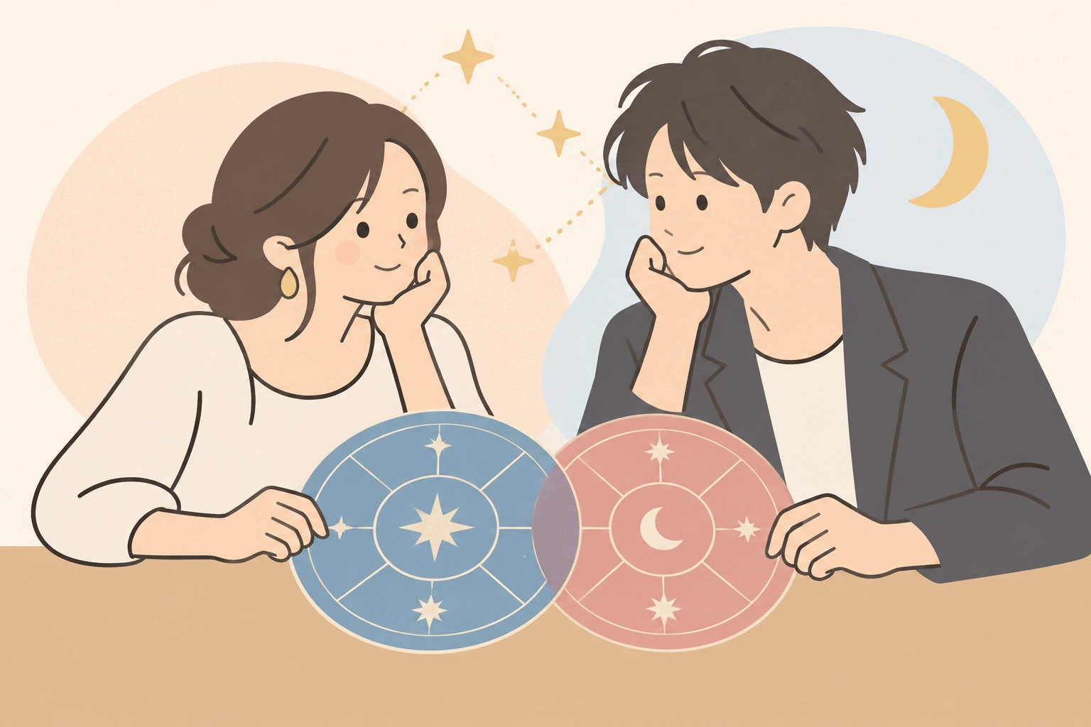 重なる星座の輪を前に、笑顔で向き合う二人