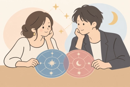 重なる星座の輪を前に、笑顔で向き合う二人