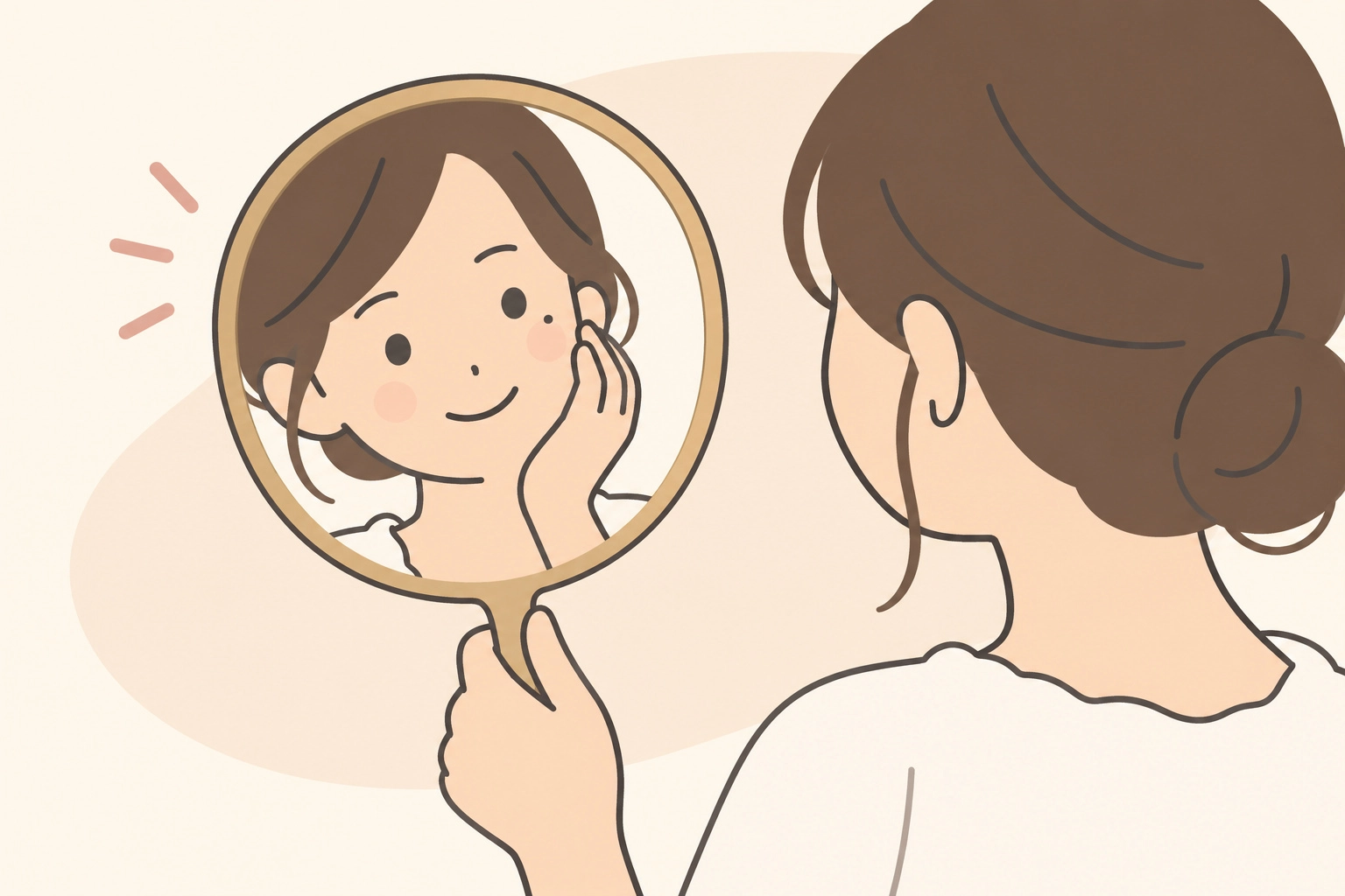 鏡で目元のほくろを確かめる女性
