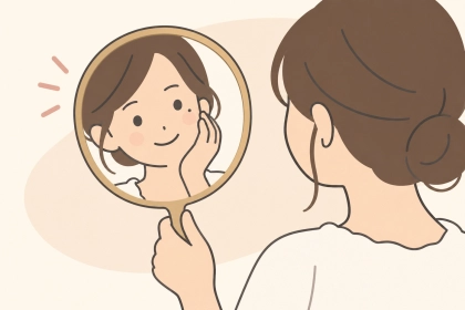 鏡で目元のほくろを確かめる女性
