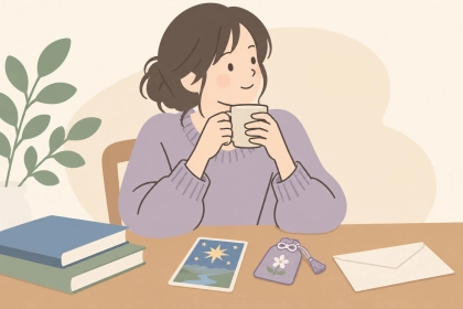 勉強道具とお守りを前に、結果を待つ女性