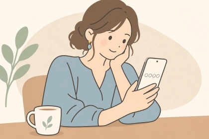 スマートフォンを手に、数字の占いを考える女性