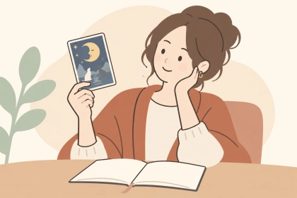 カードとノートを手に、自分の気持ちを見つめる女性