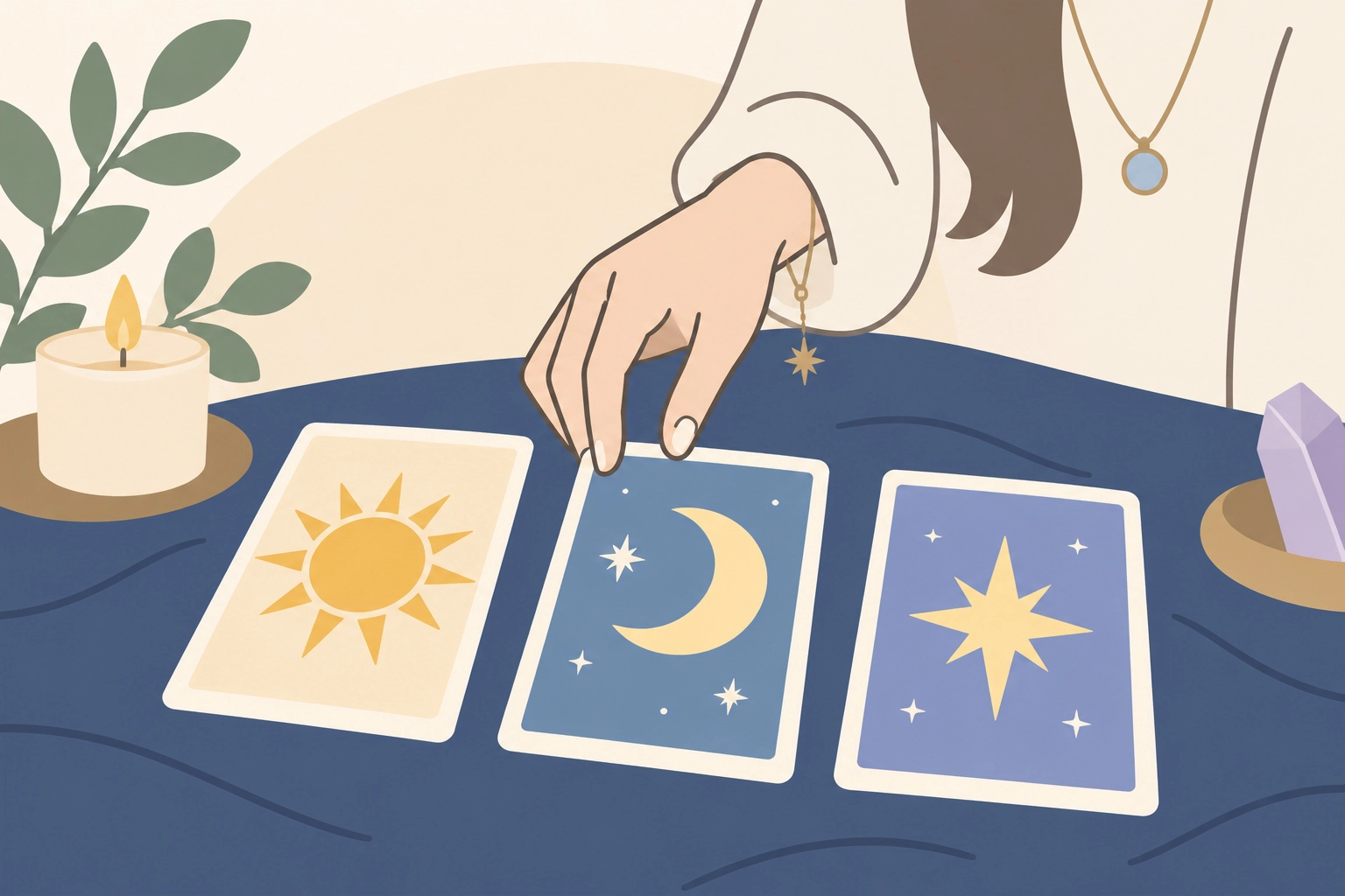 月・星・太陽のカードを広げたタロットの場面