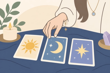 月・星・太陽のカードを広げたタロットの場面
